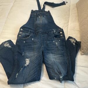 Almost Famous Distressed Blue Denim Overalls